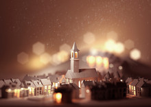 A Model Christmas Town With Houses And A Church On Christmas Eve. 3D Illustration.