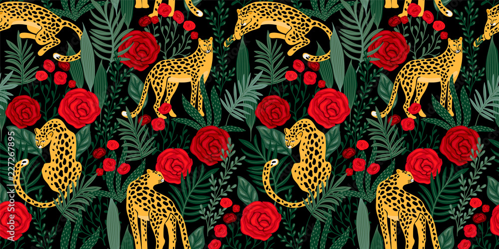 Papel de parede Vestor seamless pattern with leopards, tropical leaves and roses.