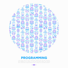Wall Mural - programming concept in circle with thin line icons: developer, code, algorithm, technical support, p