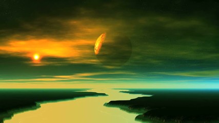 Wall Mural - Alien Planet Comes Out of the Shadow. The dark planet is slowly approaching and illuminated by the rising sun. In the sky bright stars and clouds. Huge canyon filled with blue luminous mist. 