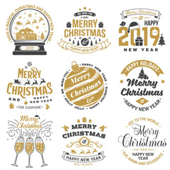 Set of Merry Christmas and Happy New Year stamp, sticker set with snowflakes, hanging christmas ball, santa hat, candy.