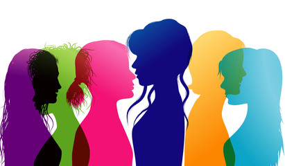 Women talking. Dialogue between women. Conversation between women. Colored silhouette profiles. Multiple exposure