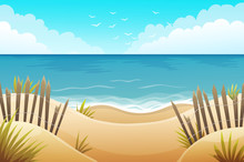 Scenery Of Sand Dunes Beach With Grass And Wood Fences. Summer Scenery. Vector Illustration.