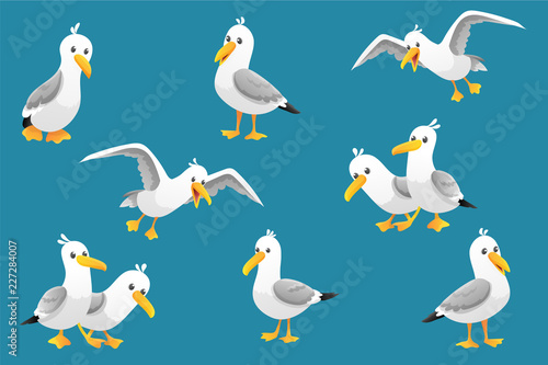 Fotomural Vector set of cute seagulls isolated on blue background