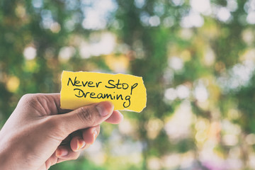 Wall Mural - Inspirational quote on piece of paper - Never stop dreaming.