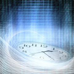 Wall Mural - conceptual technology and time image of binary code with clock and abstract lights