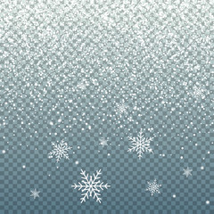 Wall Mural - falling snow on blue transparent background. realistic falling snowflakes. christmas and new year de