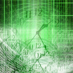Wall Mural - conceptual technology and time image of binary code with clock and abstract lights