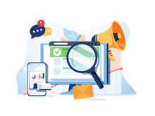 Search Result Optimization SEO Marketing Analytics Flat Vector Banner With Icons. SEO Performance, Targeting And Monitoring