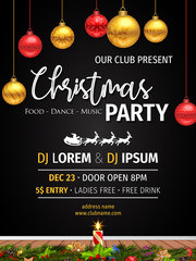 Wall Mural - christmas party design with fir branches, pine cones, holly, and string lights. festive christmas ba