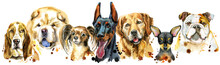 Border From Watercolor Portraits Of Dogs For Decoration