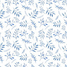 Watercolor Seamless Pattern With Decorative Blue Leaves On White. Floral Pattern.