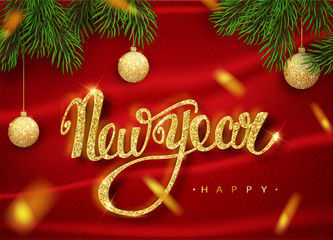 Wall Mural - happy new year lettering greeting card for holiday. golden confetti. calligraphy lettering new year.