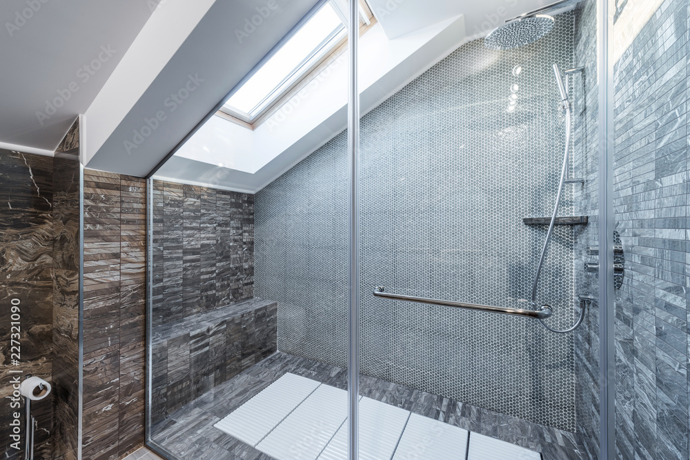 Glass shower cabin in modern loft bathroom - obrazy, fototapety, plakaty 