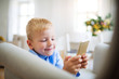 © Halfpoint - A small boy with smartphone sitting on an armchair at home at Christmas time.