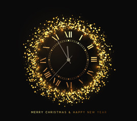 Wall Mural - new year shiny gold watch, five minutes to midnight. merry christmas. xmas holiday. glowing backgrou