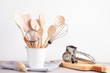 Various kitchen utensils. Recipe cookbook, cooking classes concept