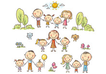 Happy Families Set With Children, Vector Illustration