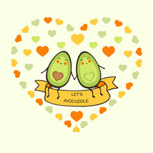 Let's Avocuddle!  Isolated Avocado With Hearts On Light Background