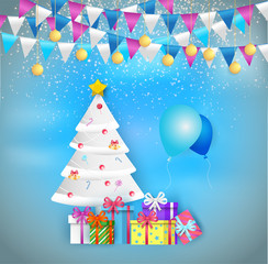 Wall Mural - Illustration of decorated christmas tree with gift boxes and balloon decoration balls and lamps. Merry Christmas and a happy new year. Paper art and digital craft style.