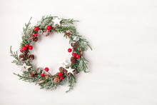 Top View Of Traditional Christmas Wreath With Copy Space. Winter Holidays And Christmas Celebration