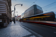 Prague, The Tram Departs From The Stop In The Background Of The National Theater Building