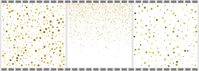 Gold textures on a white background. Golden explosion of stars and dots confetti. Golden abstract texture on a whites backgrounds. Design elements. Vector illustration. 3 in 1