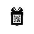 Merry Christmas and Happy New Year! Gift box with bow and greetings. Icon. Black and white. Vector QR code. 2019