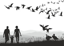 Young Family And Geese At The Beginning Of Migration