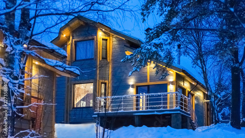 Country House In Winter Two Storey Mansion Cottage Illuminated