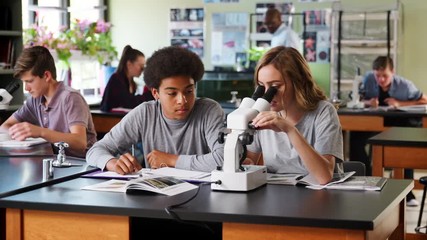 Wall Mural - High School Students With Tutor Using Microscope In Biology Class