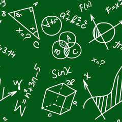 education seamless pattern with doodle math and geometry formulas and problems on green chalkboard b