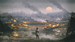 post apocalypse scene showing the man standing in ruined city and looking at mysterious circle on the ground, digital art style, illustration painting
