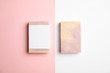 Hand made soap bars on color background, top view. Mockup for design