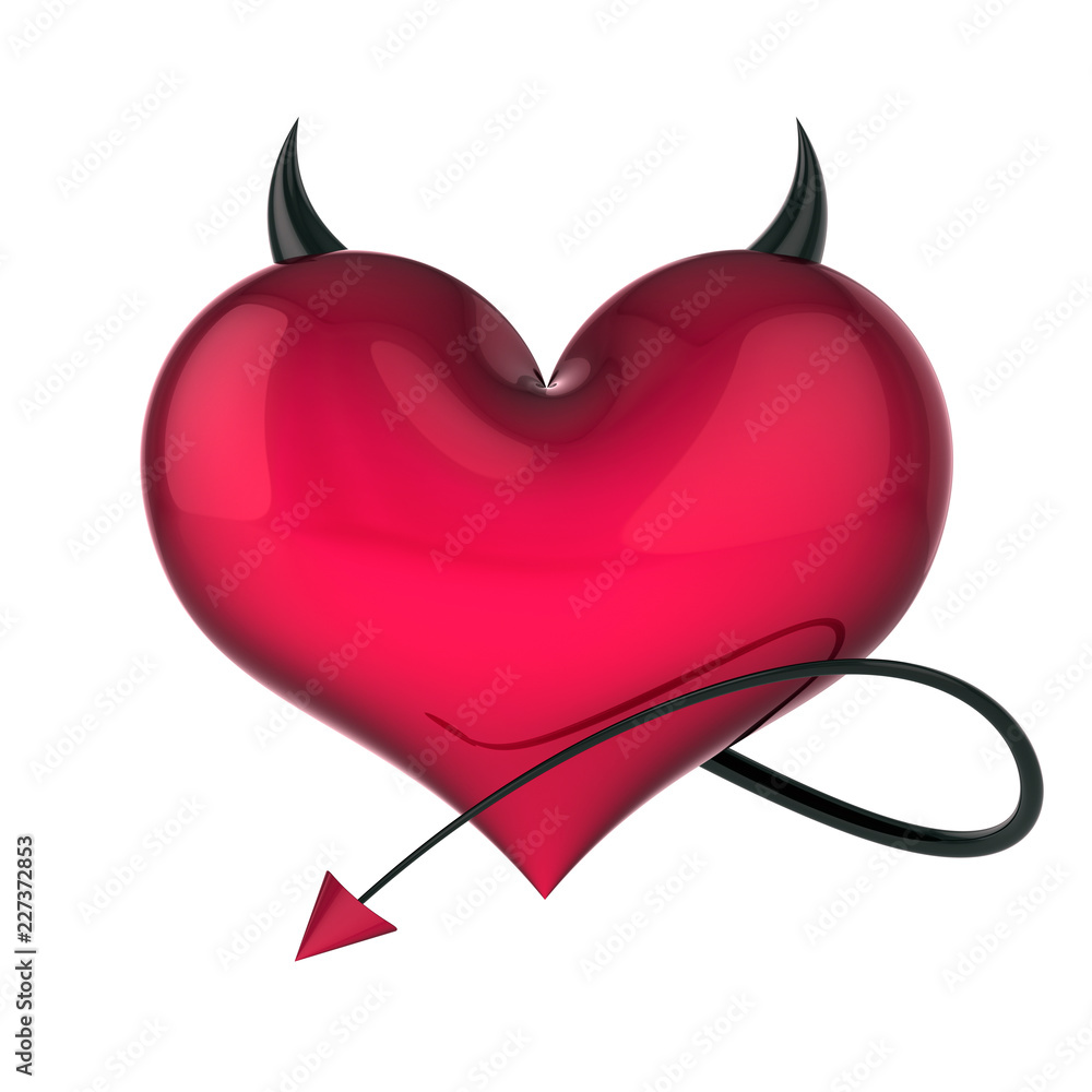 red devil heart with black sharp horns and a tail. poison fake love abstract. lover divorce lies concept. funny Valentine's Day greeting card design element. 3d rendering