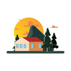 Poster - house trees mountain sun sky scene