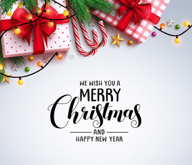 Wall Mural - christmas greeting vector background with text and colorful christmas elements like gifts, candy can