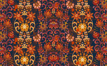 Seamless Vector Ornament With Oriental Pattern With Hand Draw Flowers. Floral Wallpaper. Decorative Ornament For Fabric, Textile, Wrapping Paper. Orange On Dark Blue