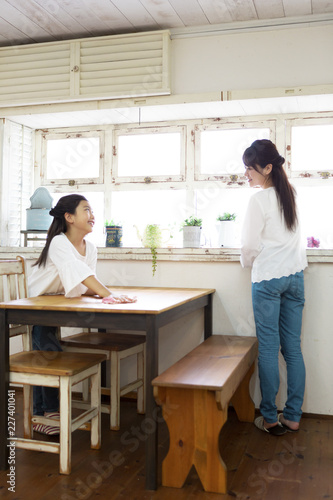 人物 日本 人 アジア人 2人 女性 代 30代 お母さん 母親 母 ママ 女の子 小学生 女子 子供 娘 若い 家族 親子 コピースペース ハーフアップ 可愛い かわいい 家 屋内 室内 部屋 ダイニング リビング 窓 観葉植物 緑 掃除 窓拭き 拭く 布巾 ふきん テーブル 机 椅子