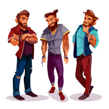 Vector Cartoon Arab Hipsters - Company Of Young People With Tattoos, Trendy Clothing. Muslims, Guys With Beards, Handsome Gentlemen Isolated On White Background. Attractive Males With Earrings.
