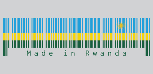 Poster - Barcode set the color of Rwanda flag, A horizontal tricolor of blue yellow and green with a yellow sun in the upper corner. text: Made in Rwanda, concept of sale or business.
