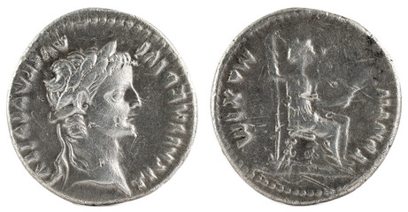 Ancient Roman silver denarius coin of Emperor Tiberius.