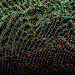 Poster - Digital landscape with mountains or clouds made of line grid