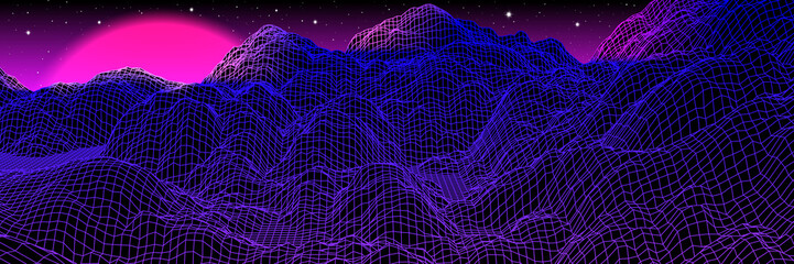 Wall Mural - neon grid landscape and sun with 80s arcade game style