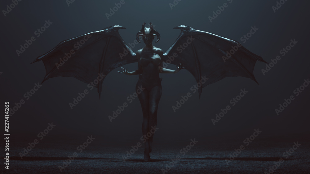Sexy Winged Devil Woman in a foggy void 3d Illustration 3d render - obrazy, fototapety, plakaty 