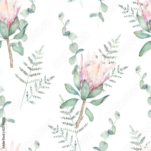 Foto-Gardine - Watercolor seamless pattern witn protea, eucalyptus  and fern branch. Hand drawn botanical  illustration. Floral background (von natikka)