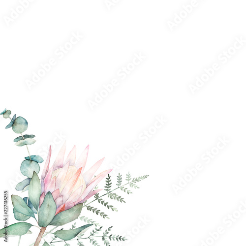 Watercolor floral card with eucalyptus branch, protea and fern. Hand drawn bo...