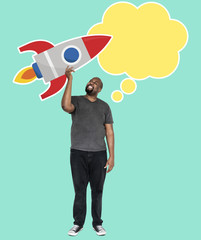 Sticker - Creative man with a launching rocket icon