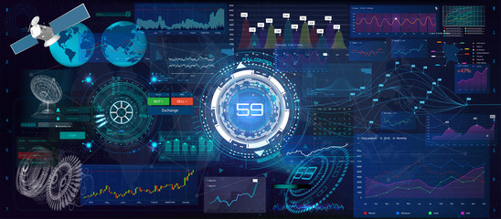 Wall Mural - Technology charts and graphics with options and workflow charts. Statistic and data, information infographic. HUD background outer space. Set Professional trader tools for successful trading. Vector
