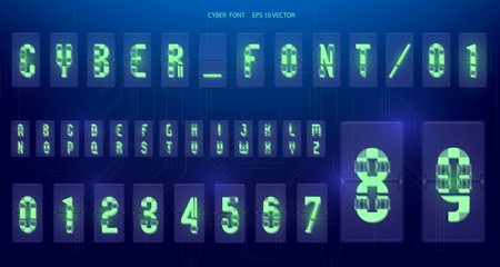 Futuristic Font design. Letters and Numbers for web and app. Techno font alphabet. Digital hi-tech symbols for HUD interface and cyberspace. Set of numbers and symbols for lamp o'clock